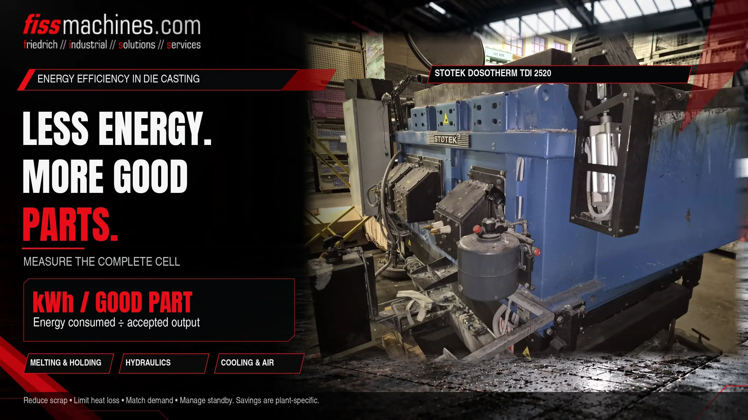 Die casting energy-efficiency cover with a real Stotek dosing furnace and the energy-per-good-part metric.
