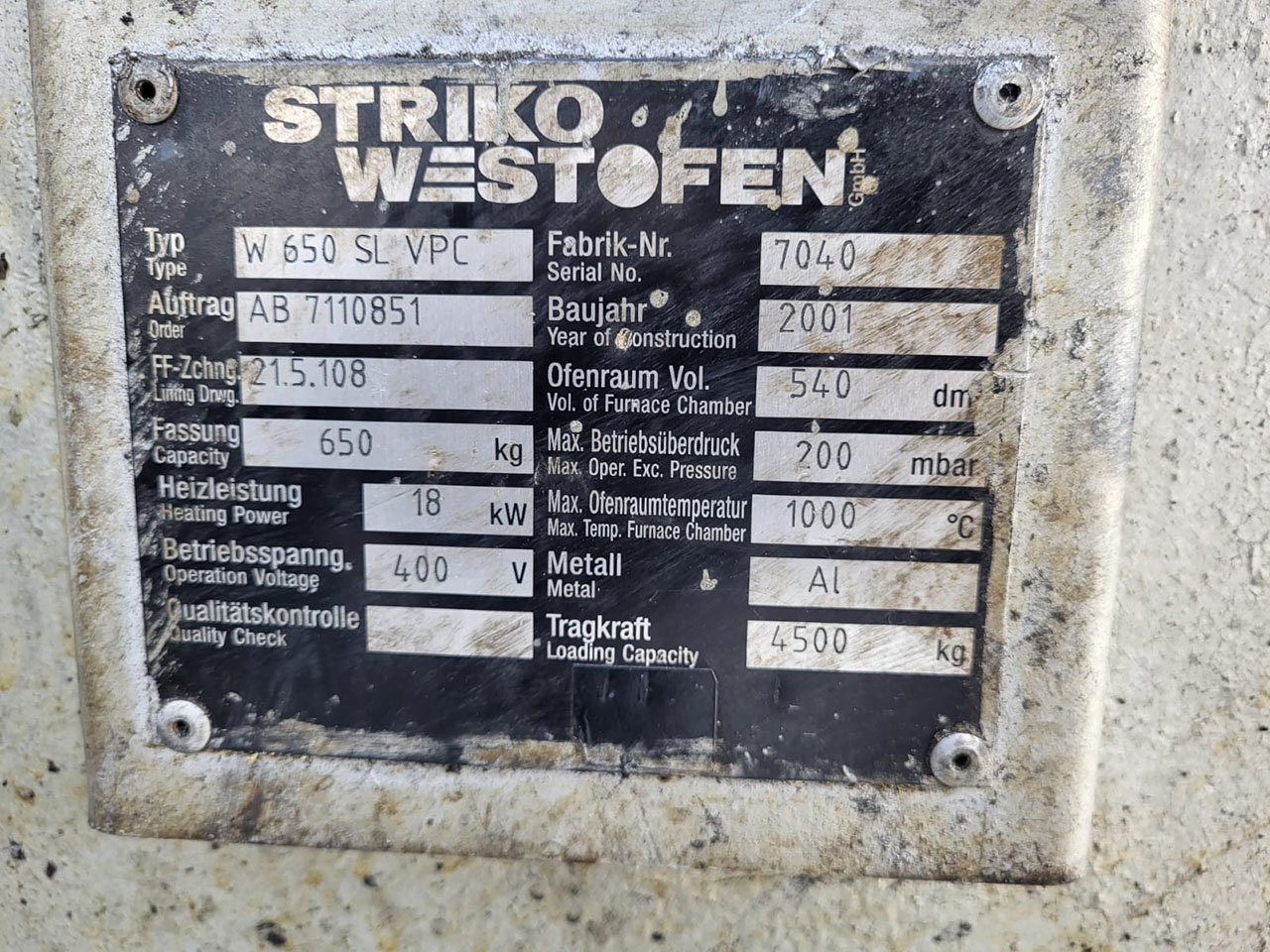 StrikoWestofen W 650 SL ProDos Forno dosatore O1749, usato